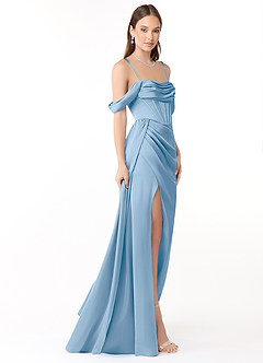 Azazie Amyra Jurken voor bruidsmeisjes Converteerbaar Jurk van Stretch Satijn met Zeemeermin Off the Shoulder Poederblauw image6
