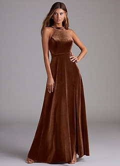 Azazie Clarice Jurken voor bruidsmeisjes Jurk van flueel met A-Lijn Zijsplit Omber image1