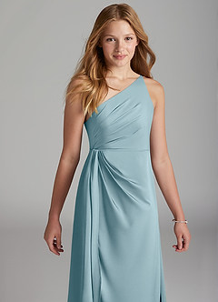 Azazie Mika Junior Moody Blue A-Line Pleated Stretch Satin Dress image4