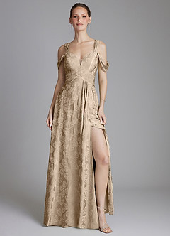Azazie Emoria Vestidos de madrinha de casamento Vestido Jacquard Taupe de Jacquard de Linha A com Fora do ombro image6