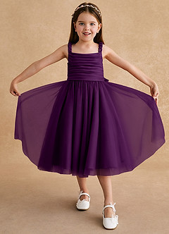 Azazie Gabbie Flower Girl Dresses Grape A-Line Pleated Matte Satin Dress image3