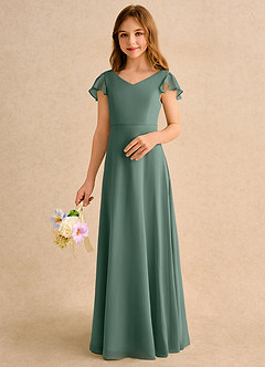 Azazie Nari Girls Formal Flower Girl Dresses Sea Moss A-Line with Sleeves Chiffon Dress image4