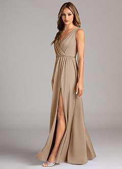 Azazie Tanicia Robes de demoiselle d'honneur Robe Trapèze en Satin extensible Plissée Taupe image5