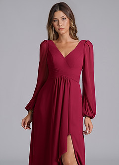 Azazie Liah Bridesmaid Dresses Burgundy A-Line Long Sleeve Chiffon Dress image7