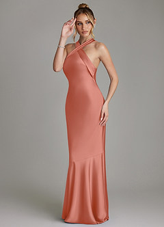 Azazie Reign Bridesmaid Dresses Salmon Pink Mermaid Pleated Stretch Satin Dress image5