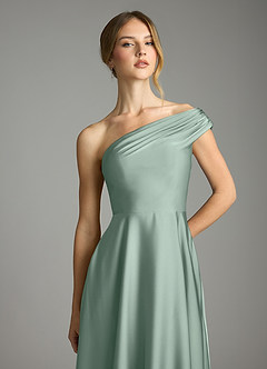 Azazie Melanie Robes de demoiselle d'honneur Robe Trapèze en Satin extensible Épaules dénudées Agave image6