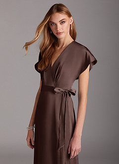 Azazie Nico Final Sale Agave A-Line V-Neck Stretch Satin Dress image6