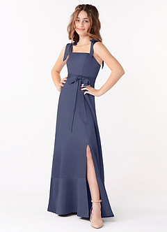 Azazie Barbara Junior Robe Trapèze en Mat Satiné Arc Bleu Orageux image1