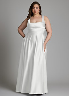 Azazie Azaria Vestidos de madrinha de casamento Vestido Branco de Cetim elástico de Linha A com Corpete image7