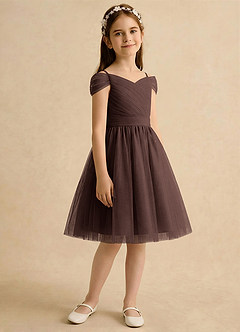 Azazie Lila Girls Formal Robe Demoiselle D'honneur Fillette Robe Trapèze en Tulle Épaule décolletée Ganache image5