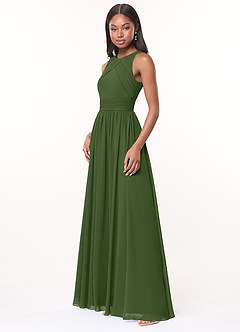 Azazie Harper Bridesmaid Dresses Olive A-Line Pleated Chiffon Dress image3