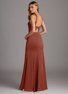 Azazie Elana Bridesmaid Dresses Auburn Sheath Side Slit Stretch Satin Dress image2