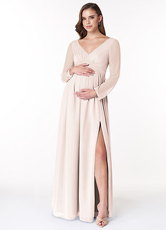 Azazie Teton Maternity Bridesmaid Dresses A-Line Long Sleeve Chiffon Floor-Length Dress image1