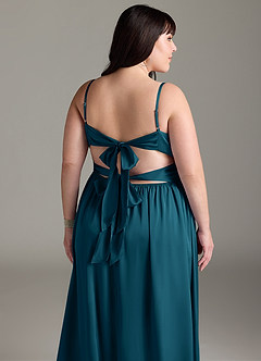 Azazie Zeya Robes de demoiselle d'honneur Robe Trapèze en Satin extensible Plissée Bleu Encre image15
