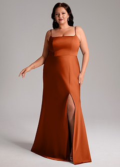 Azazie Lidia Bridesmaid Dresses Burnt Orange Mermaid Side Slit Stretch Satin Dress image3