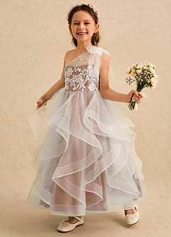 Azazie Zoey Robe Demoiselle D'honneur Fillette Robe Princesse en Tulle Dentelle Champagne Rosé image3