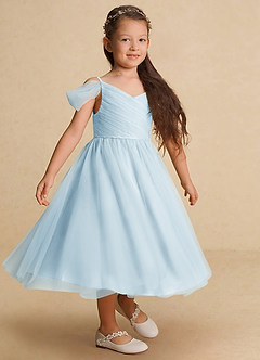 Azazie Lizzette Flower Girl Dresses Sky Blue A-Line Ruched Tulle Dress image4