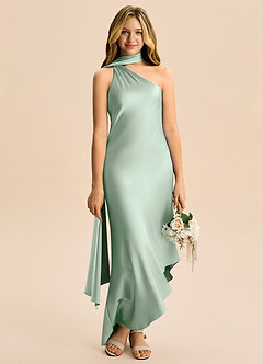 Azazie Briony Junior Agave Sheath Pleated Stretch Satin Dress image5