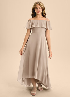Azazie Maggie Junior Taupe A-Line Off the Shoulder Chiffon Dress image1
