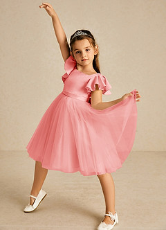 Azazie Kaeya Flower Girl Dresses Coral A-Line Bow Tulle Dress image2