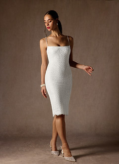 Azazie Kat At-home Try On Dresses Diamond White Sheath Straight Lace Lace Dress image3