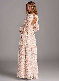Azazie Norah Bridesmaid Dresses Pink Fern Floral A-Line V-Neck Long Sleeve Chiffon Dress image4