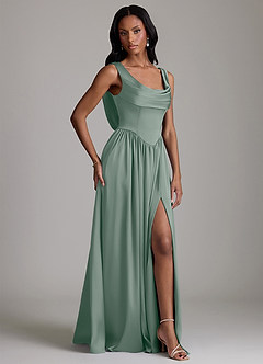 Azazie Novi Robes de demoiselle d'honneur Robe Trapèze en Satin extensible avec poches Sauge D'argent image5