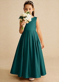 Azazie Cailee Flower Girl Dresses Peacock Ball-Gown Pleated Matte Satin Dress image3