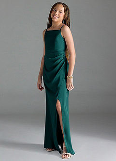 Azazie Leonis Junior Peacock A-Line Pleated Stretch Satin Dress image4