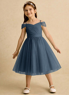 Azazie Lila Girls Formal Robe Demoiselle D'honneur Fillette Robe Trapèze en Tulle Épaule décolletée Neptune image3