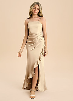Azazie Buzzy Junior Champagne Sheath Pleated Stretch Satin Dress image5