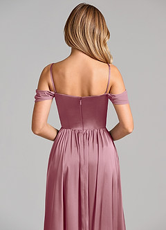 Azazie Raisa Bridesmaid Dresses Vintage Mauve A-Line Off the Shoulder Stretch Satin Dress image2