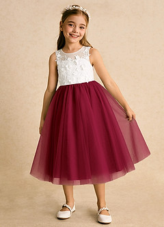Azazie Lina Flower Girl Dresses Ivory Burgundy Ball-Gown Lace Dress image2