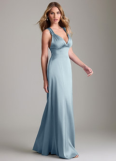 Azazie Cemion Robes de demoiselle d'honneur Robe Trapèze en Satin extensible Bleu Poussiéreux image4