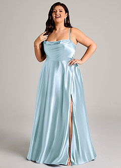 Azazie Elle Bridesmaid Dresses Sky Blue A-Line with Pockets Metallic Satin Dress image3