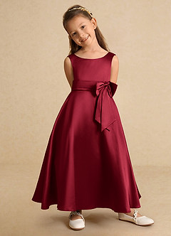 Azazie Lindy vestidos de niña de las flores Vestido de Borgoña de Satin Mate de Corte En A con Plisado image8