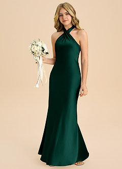 Azazie Chickie Junior Vestido de Esmeralda de Satén Elástico de Corte Recto con Plisado image4