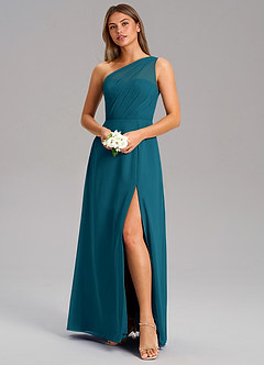 Azazie Phaedra Jurken voor bruidsmeisjes Jurk van Chiffon met A-Lijn One-Shoulder Inkt Blauw image4