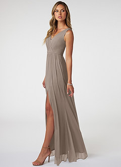 Azazie Tanicia Bridesmaid Dresses Taupe A-Line V-Neck Pleated Mesh Dress image3