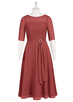 Azazie Naomi Mère de la mariée Robes Robe Trapèze en Mousseline de soie Col bateau plissé Terracotta image7