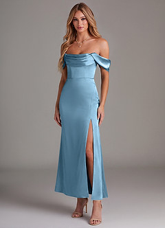 Azazie Saige Bridesmaid Dresses Steel Blue Mermaid Off the Shoulder Stretch Satin Dress image1