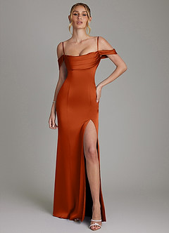 Azazie Nira Robes de demoiselle d'honneur Robe Sirène en Satin extensible Corset Orange Brûlée image4