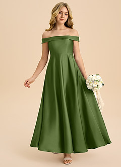 Azazie Sissy Junior Abito A-Line in Raso Elasticizzato a Spalla Scoperta Ginepro image1