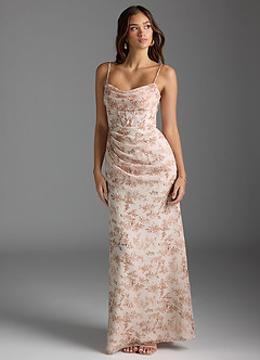 Azazie Mai Abiti da Damigella Abito Tubino in Chiffon Plissettato Pink Fern Floral image4