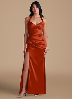 Azazie Emeria Bridesmaid Dresses Paprika Sheath Side Slit Metallic Satin Dress image5
