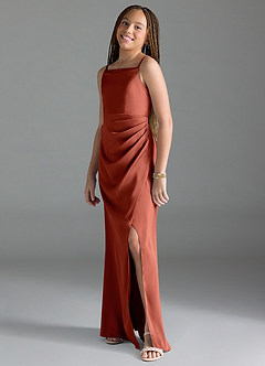Azazie Leonis Junior Terracotta A-Line Pleated Stretch Satin Dress image4