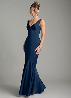Azazie Alena Bridesmaid Dresses Dark Navy Mermaid Pleated Stretch Satin Dress image5