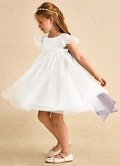 Azazie Munchkin Flower Girl Dresses Ivory Dusk A-Line Bow Tulle Dress image5