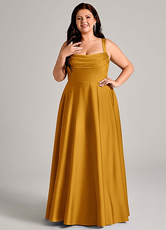 Azazie Shaude Bridesmaid Dresses Butterscotch A-Line Pleated Stretch Satin Dress image8