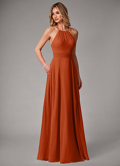 Azazie Amalia Robes de demoiselle d'honneur Robe Trapèze en Mousseline de soie Plissée Orange Brûlée image5